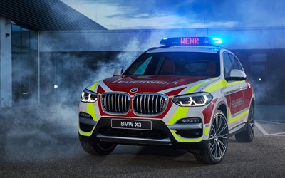 BMW X3, 2018, xDrive20d, Sport, SUV, esterno, camion dei pompieri, speciale lampeggiatori, auto tedesche, BMW