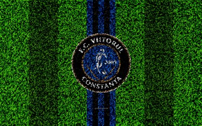 FC Viitorul, 4k, logo, football lawn, Romanian football club, blue black lines, grass texture, emblem, Liga I, Constanta, Romania, football