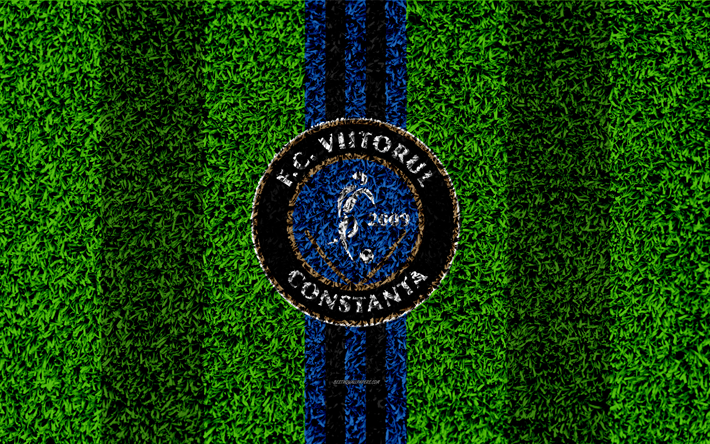 FC Viitorul, 4k, logo, jalkapallo nurmikko, Romanian football club, sininen musta linjat, ruohon rakenne, tunnus, Liga -, Constanta, Romania, jalkapallo