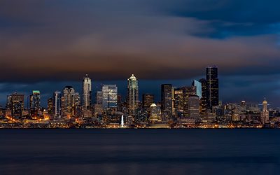 Seattle, kaupunkikuva, y&#246;, pilvenpiirt&#228;ji&#228;, skyline, Yhdysvallat, Washington, moderni kaupunki, USA