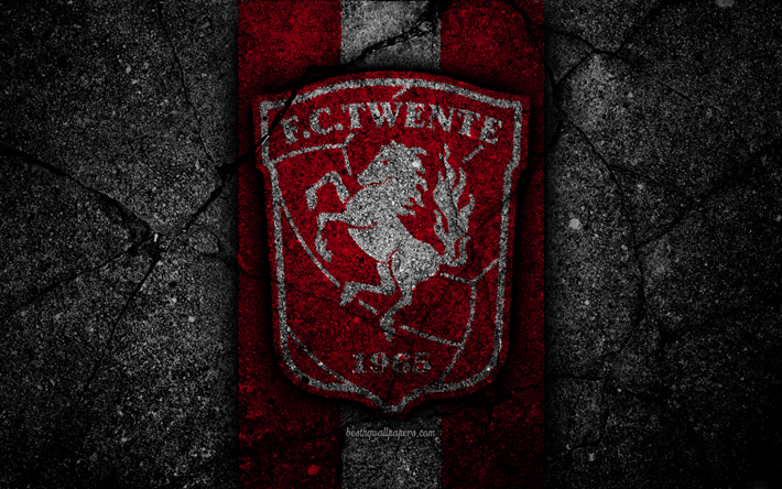 4k, Twente FC, logo, Eredivisie, soccer, grunge, Holland, football club, Twente, asphalt texture, FC Twente