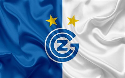 Grasshoppers FC, 4k, silk texture, logo, swiss football club, blue white flag, emblem, Swiss Super League, Zurich, Switzerland, football