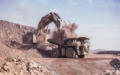 large excavator, mining dump truck, loading stones, heavy machinery, mining loader