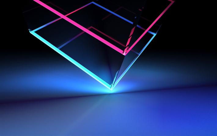 glass cube, bright neon lines, backlight, stock wallpaper, HTC U12 Plus