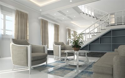 modern stylish interior, two-story apartments, interior design, living room design, stylish gray armchairs
