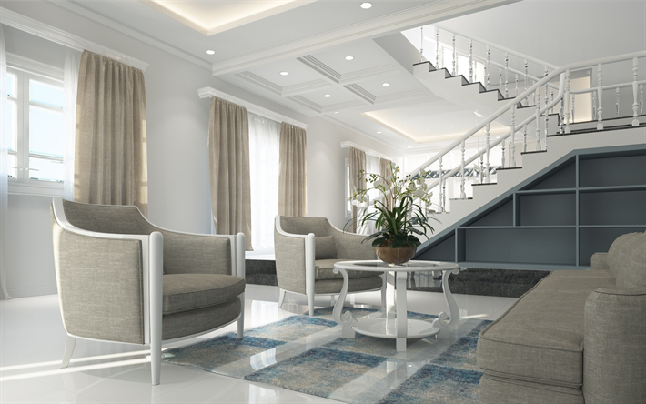 modern stilvolles interieur, zwei-st&#246;ckigen apartments, interior design, wohnzimmer-design, stilvolle grau-sessel