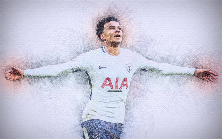 Dele Alli, 4k, konstverk, fotboll stj&#228;rnor, Tottenham Hotspur, Liquidait, fotboll, Premier League, fotbollsspelare, ritning Dele Alli, Tottenham