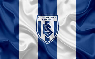 Le FC Lausanne-Sport, 4k, soie, texture, logo, club suisse de football, bleu, blanc, drapeau, de l&#39;embl&#232;me, en Super League Suisse, Lausanne, Suisse, le football