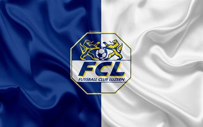 Luzern FC, 4k, silk texture, logo, swiss football club, blue white flag, emblem, Swiss Super League, Lucerne, Switzerland, football