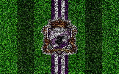 FC Politehnica Timisoara, 4k, logo, football de la pelouse, un roumain de club de football, blanc, violet lignes, de l&#39;herbe, de la texture, de l&#39;embl&#232;me de la Ligue, Timisoara, en Roumanie, en football, ACS Poli Timisoara