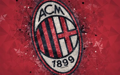 AC Milan, 4k, İtalyan futbol kul&#252;b&#252;, yaratıcı sanat logo, geometrik sanat, soyut kırmızı arka plan, amblem, Milan, İtalya Serie A, futbol