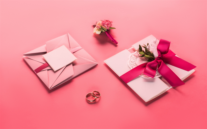 invitaci&#243;n de la boda, fondo rosa, de la boda de conceptos, dise&#241;o original, anillos de boda, rosa lazo de seda