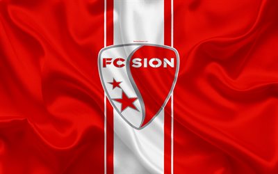 FC Sion, 4k, seta, trama, logo, swiss football club, rosso, bianco, bandiera, emblema, Super League Svizzera, Sion, in Svizzera, calcio