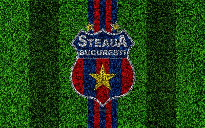 O FC Steaua Bucareste, FCSB, 4k, logo, futebol gramado, Romeno de futebol do clube, azul linhas vermelhas, grama textura, emblema, Liga Eu, Bucareste, Rom&#233;nia, futebol