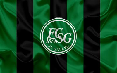 FC St Gallen, 4k, textura de seda, logo, su&#237;&#231;a de futebol do clube, preto verde bandeira, emblema, Swiss Super League, St Gallen, Su&#237;&#231;a, futebol