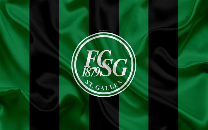 FC St Gallen, 4k, textura de seda, logotipo, suiza, club de f&#250;tbol, negro, verde bandera, el escudo, Swiss Super League, San Galo, Suiza, f&#250;tbol