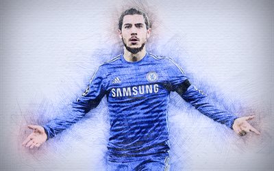 Eden Hazard, 4k, des illustrations, des stars du football, Chelsea, le football, Premier League, de Danger, de footballeurs, de dessin, le FC Chelsea