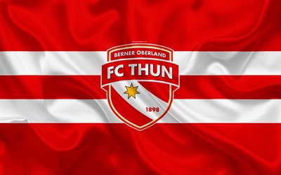 FC Thun, 4k, seta, trama, logo, swiss football club, rosso, bianco, bandiera, emblema, Super League Svizzera, Thun, Svizzera, calcio