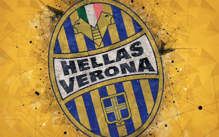 hellas verona fc, 4k, italienische fu&#223;ball-club, kreative kunst, logos, geometrische kunst, gelb, abstrakten hintergrund, emblem, serie a, verona, italien, fu&#223;ball