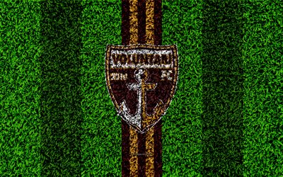 FC Voluntari, 4k, logo, football lawn, Romanian football club, brown yellow lines, grass texture, emblem, Liga I, Voluntari, Romania, football
