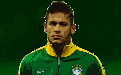 neymar jr, 4k brasilien-fu&#223;ball-team, grunge portrait -, kunst -, gesichts -, brasilianische-football-spieler, football-star