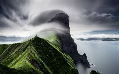 Faroe Islands, 4k, lighthouse, fog, mountains, coast, Atlantic Ocean