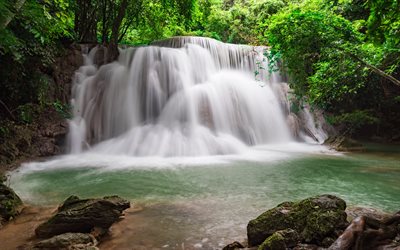 waterfall, evening, rainforest, Thailand, beautiful lake, forest