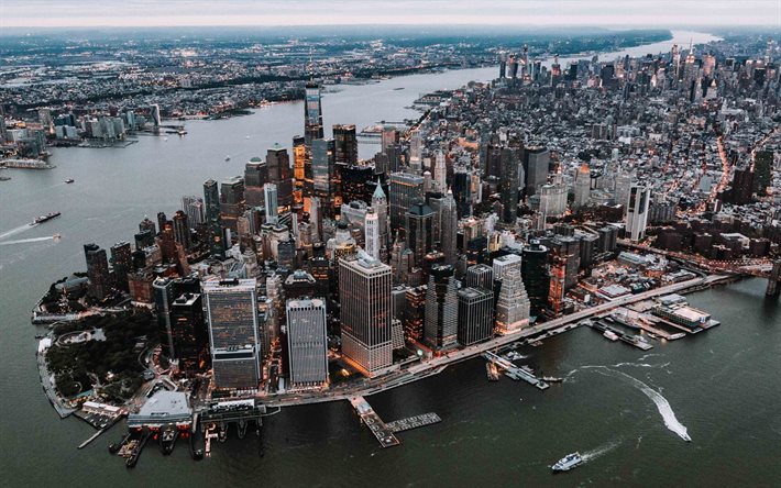 1 Manhattan, hava fotoğrafı, New York, ABD, akşam, G&#252;n batımı, şehir, g&#246;kdelenler, D&#252;nya Ticaret Merkezi, modern binalar