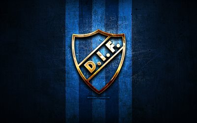 Djurgarden FC, golden logo, Allsvenskan, blue metal background, football, Djurgarden IF, swedish football club, Djurgarden logo, soccer, Sweden