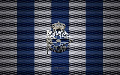 RC Deportivo La Coruna logotyp, Spansk fotbollsklubb, metall emblem, bl&#229; vit metall mesh bakgrund, RC Deportivo La Coruna, Spanien, fotboll, RCDeportivo