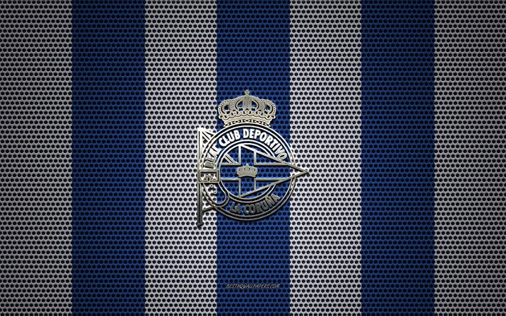 El RC Deportivo de La Coru&#241;a, logotipo, club de f&#250;tbol espa&#241;ol, emblema de metal, azul, blanco, malla de metal de fondo, el RC Deportivo de La Coru&#241;a, Espa&#241;a, f&#250;tbol, RCDeportivo