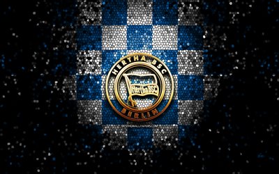 Hertha FC, glitter logo, Bundesliga, blue white checkered background, soccer, Hertha BSC, german football club, Hertha logo, mosaic art, football, Germany, Hertha Berlin