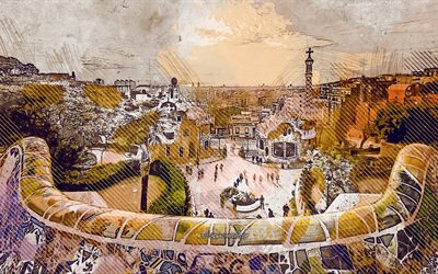 Parc Guell, Barcelona, Catalonia, İspanya, grunge sanat, yaratıcı sanat, &#231;izim, Parc Guell soyutlama, dijital sanat, Barcelona grunge, Barcelona boyalı boyalı