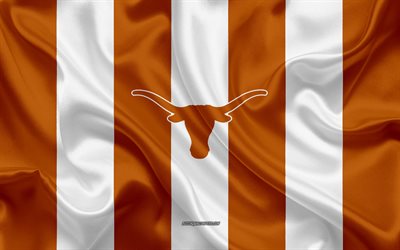 Texas Longhorns, American football team, emblem, silk flag, orange-white silk texture, NCAA, Texas Longhorns logo, Austin, Texas, USA, American football, University of Texas