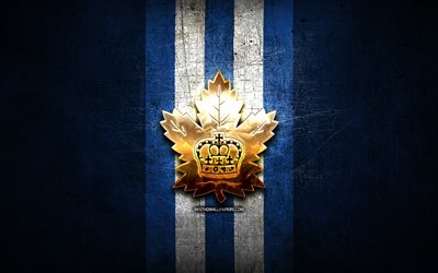 Toronto Marlies, golden logo, AHL, blue metal background, american hockey team, American Hockey League, Toronto Marlies logo, hockey, USA