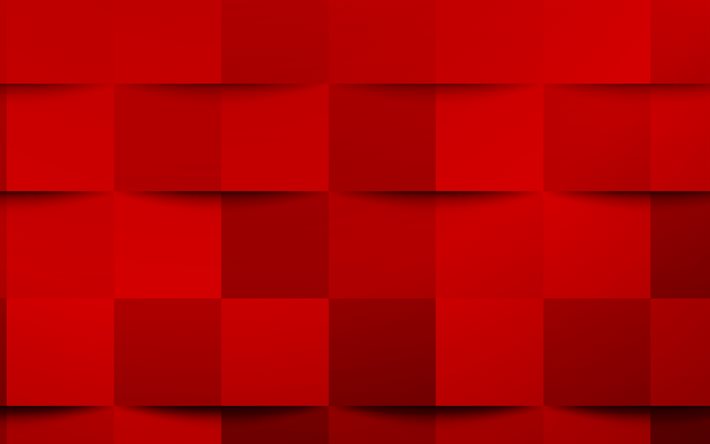 Red 3d squares texture, Red creative texture, Red 3d abstraction, Red 3d background, Red mosaic texture