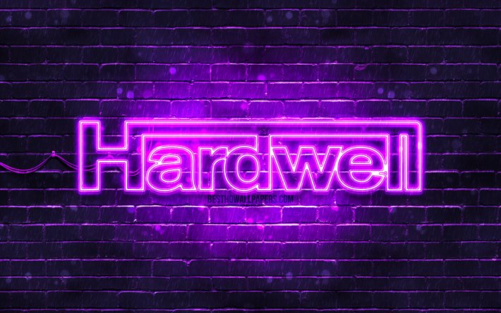 Hardwell violette logo, 4k, superstars, n&#233;erlandais DJs, violet brickwall, Hardwell logo, Robbert van de Corput, Hardwell, stars de la musique, Hardwell n&#233;on logo