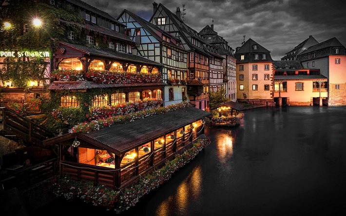Estrasburgo, paisajes nocturnos, de las ciudades francesas, canal de agua, Francia, Europa