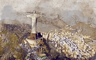 Rio de Janeiro, Brazil, grunge art, creative art, painted Rio de Janeiro, drawing, Rio de Janeiro grunge, digital art, Christ the Redeemer