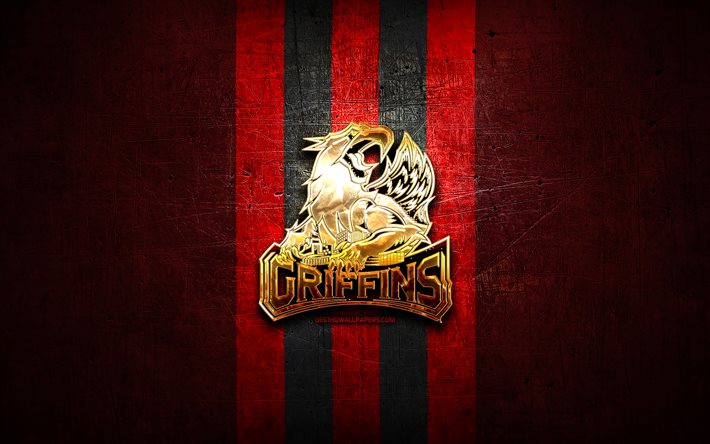 Grand Rapids Griffins, golden logotyp, AHL, red metal bakgrund, amerikansk ishockey, American Hockey League, Grand Rapids Griffins logotyp, hockey, USA