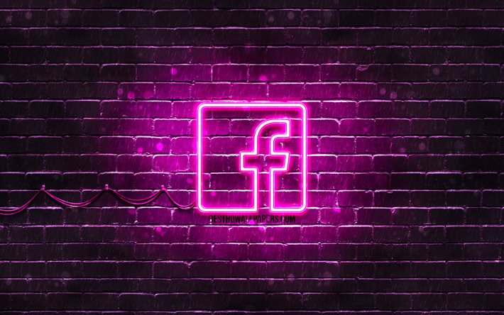 Facebook mor logo, 4k, mor brickwall, Facebook logo, sosyal ağlar, Facebook, neon logo