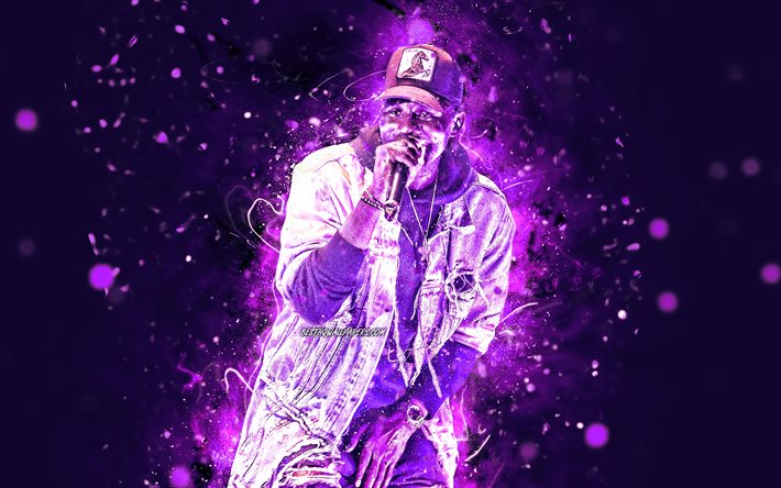 Wretch 32, 4k, english rapper, music stars, concert, Jermaine Scott Sinclair, american celebrity, Wretch 32 with microphone, violet neon lights, creative, Wretch 32 4K