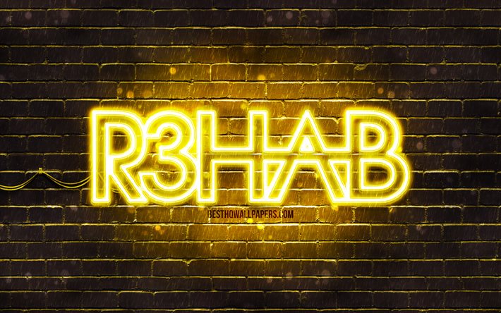 R3hab keltainen logo, 4k, supert&#228;hti&#228;, hollantilainen Dj, keltainen brickwall, R3hab logo, Fadil El Ghoul, R3hab, musiikin t&#228;hdet, R3hab neon-logo
