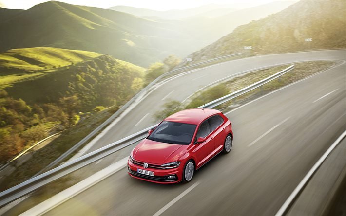 Volkswagen Polo GTI, 2018, Red polo, mountain serpentine, German cars, Volkswagen