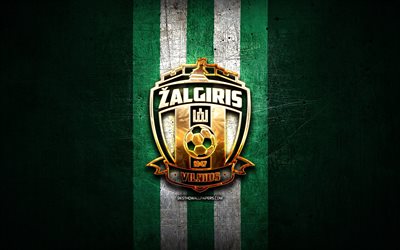 zalgiris fc, logo dor&#233;, a lyga, fond m&#233;tal vert, football, club de football lituanien, logo fk zalgiris, fk zalgiris