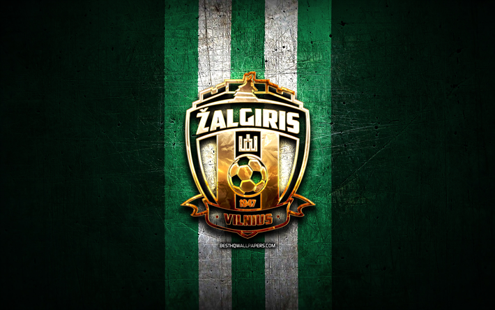 zalgiris fc, logotipo dorado, a lyga, fondo de metal verde, f&#250;tbol, ​​club de f&#250;tbol lituano, logotipo de fk zalgiris, ​​fk zalgiris