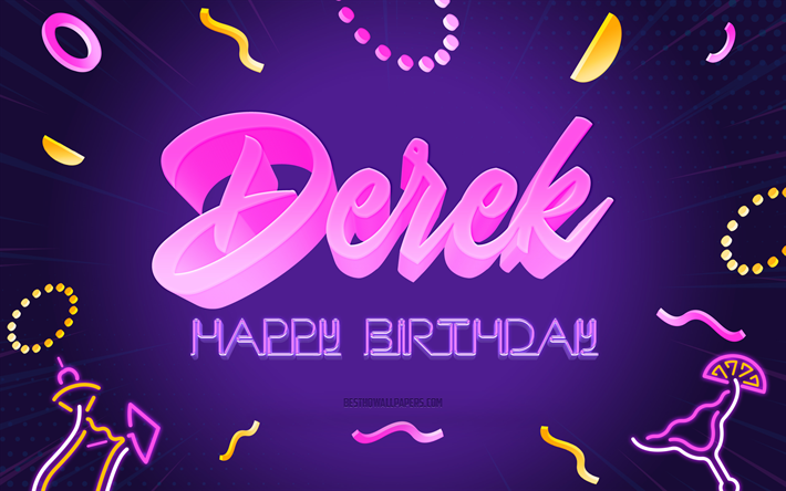 joyeux anniversaire derek, 4k, purple party background, derek, art cr&#233;atif, derek nom, derek anniversaire, f&#234;te d anniversaire fond