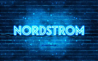 Nordstrom blue logo, 4k, blue brickwall, Nordstrom logo, brands, Nordstrom neon logo, Nordstrom