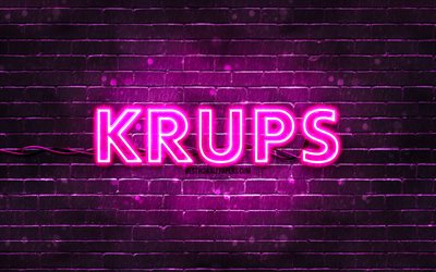 logo krups viola, 4k, muro di mattoni viola, logo krups, marchi, logo al neon krups, krups