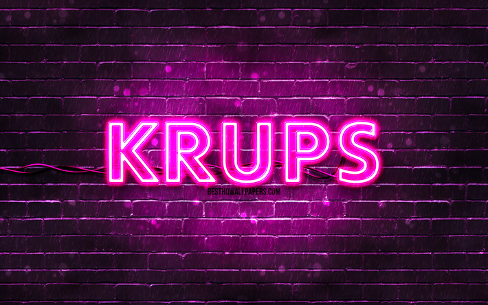 Krups purple logo, 4k, purple brickwall, Krups logo, brands, Krups neon logo, Krups